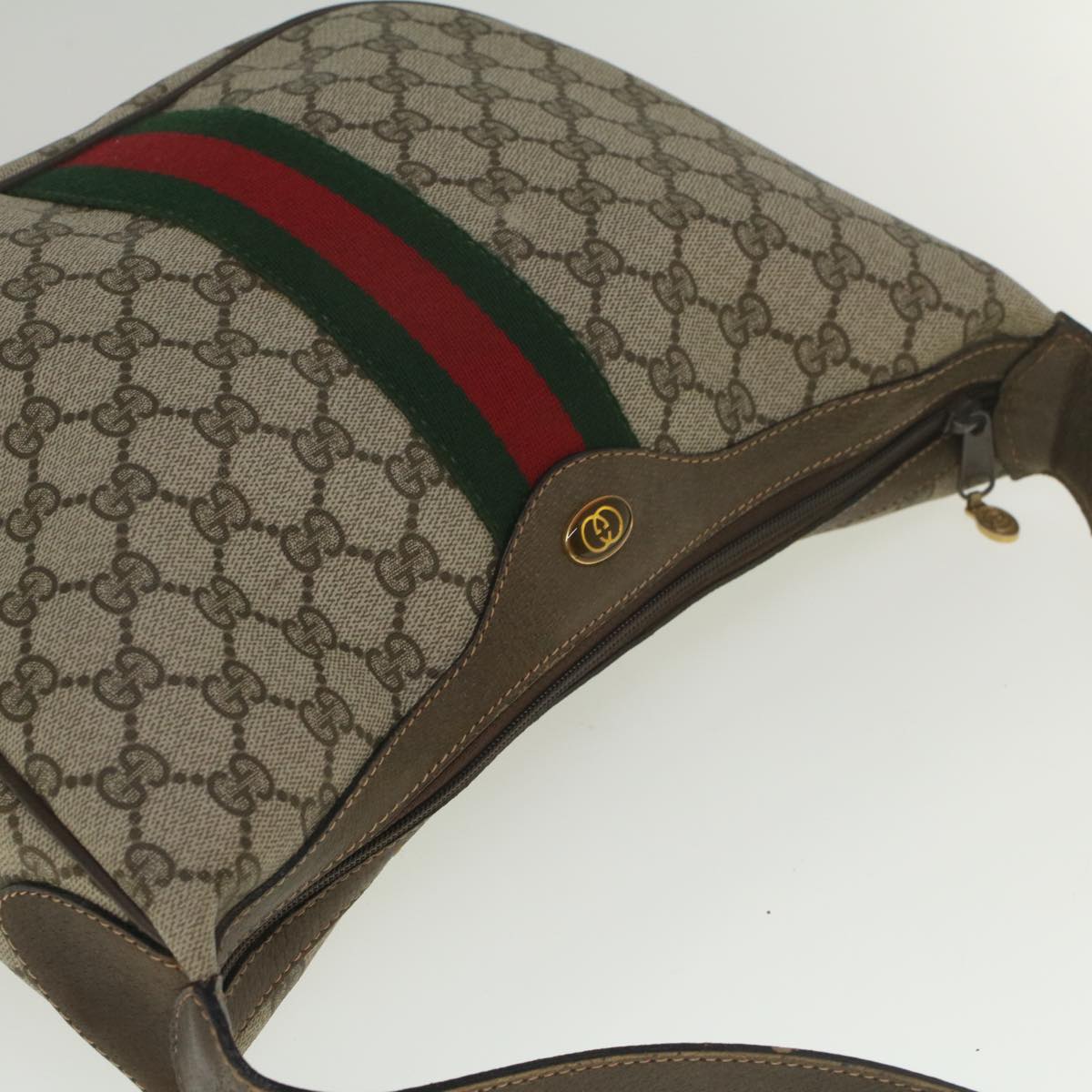 GUCCI GG Canvas Web Sherry Line Shoulder Bag PVC Leather Beige Green yk8891