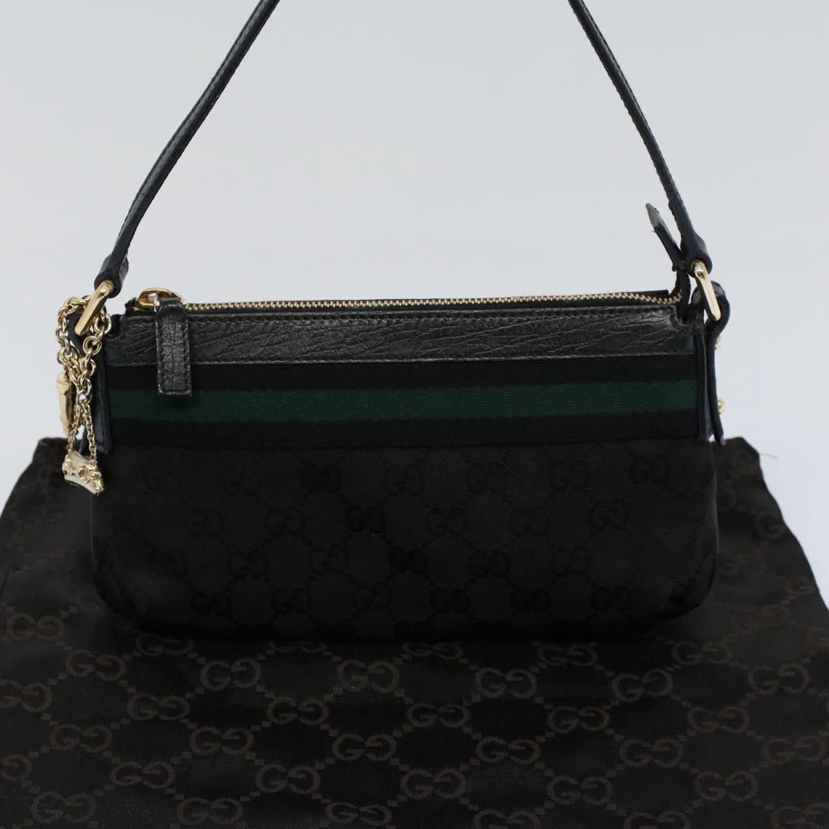 GUCCI GG Canvas Sherry Line Hand Bag Black Green 145970 yk8903