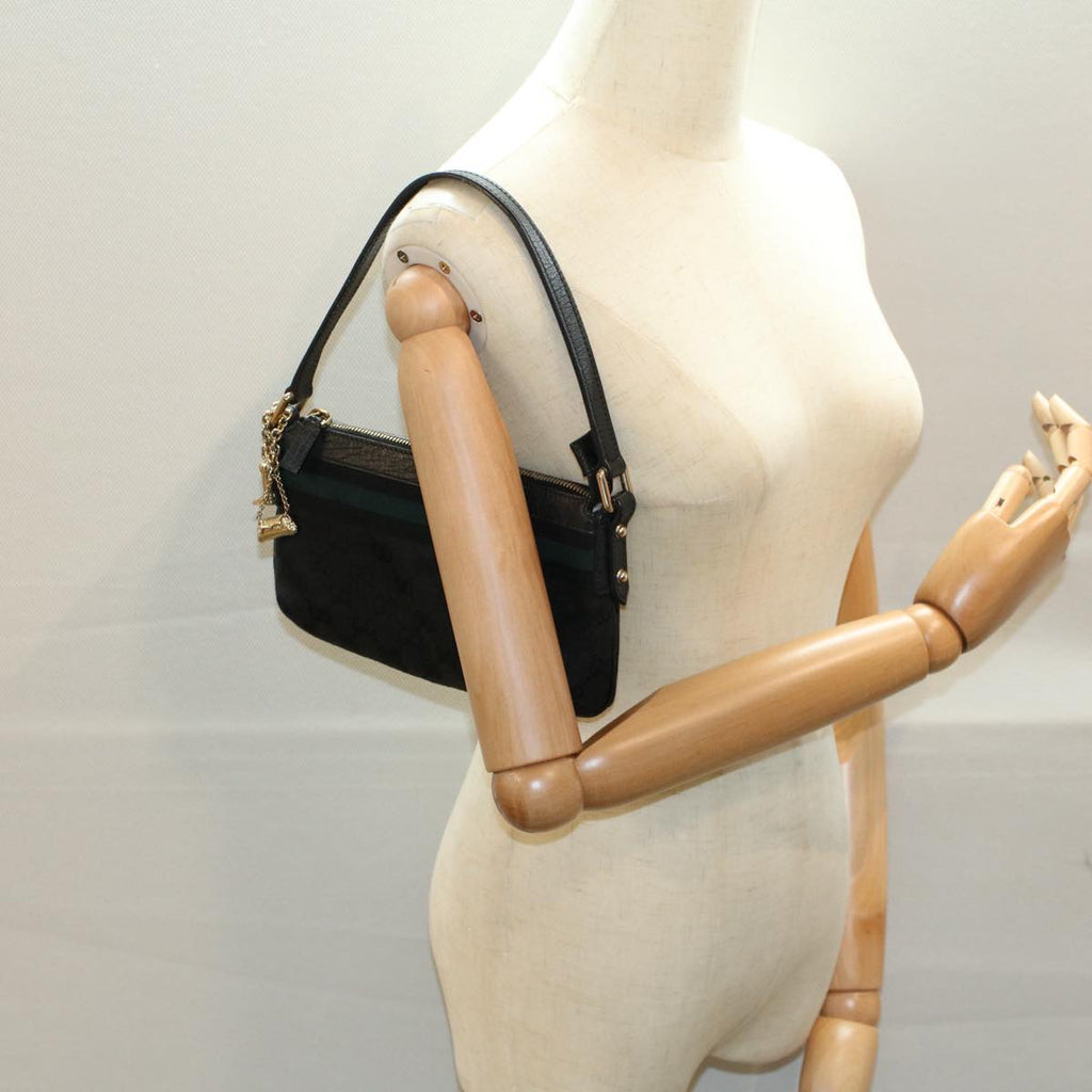 GUCCI GG Canvas Sherry Line Hand Bag Black Green 145970 yk8903