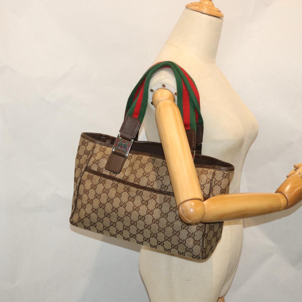 GUCCI GG Canvas Web Sherry Line Tote Bag Beige Red Green 145810 yk9155