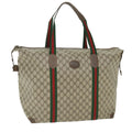 GUCCI GG Canvas Web Sherry Line Boston Bag PVC Leather Beige Green yk9187
