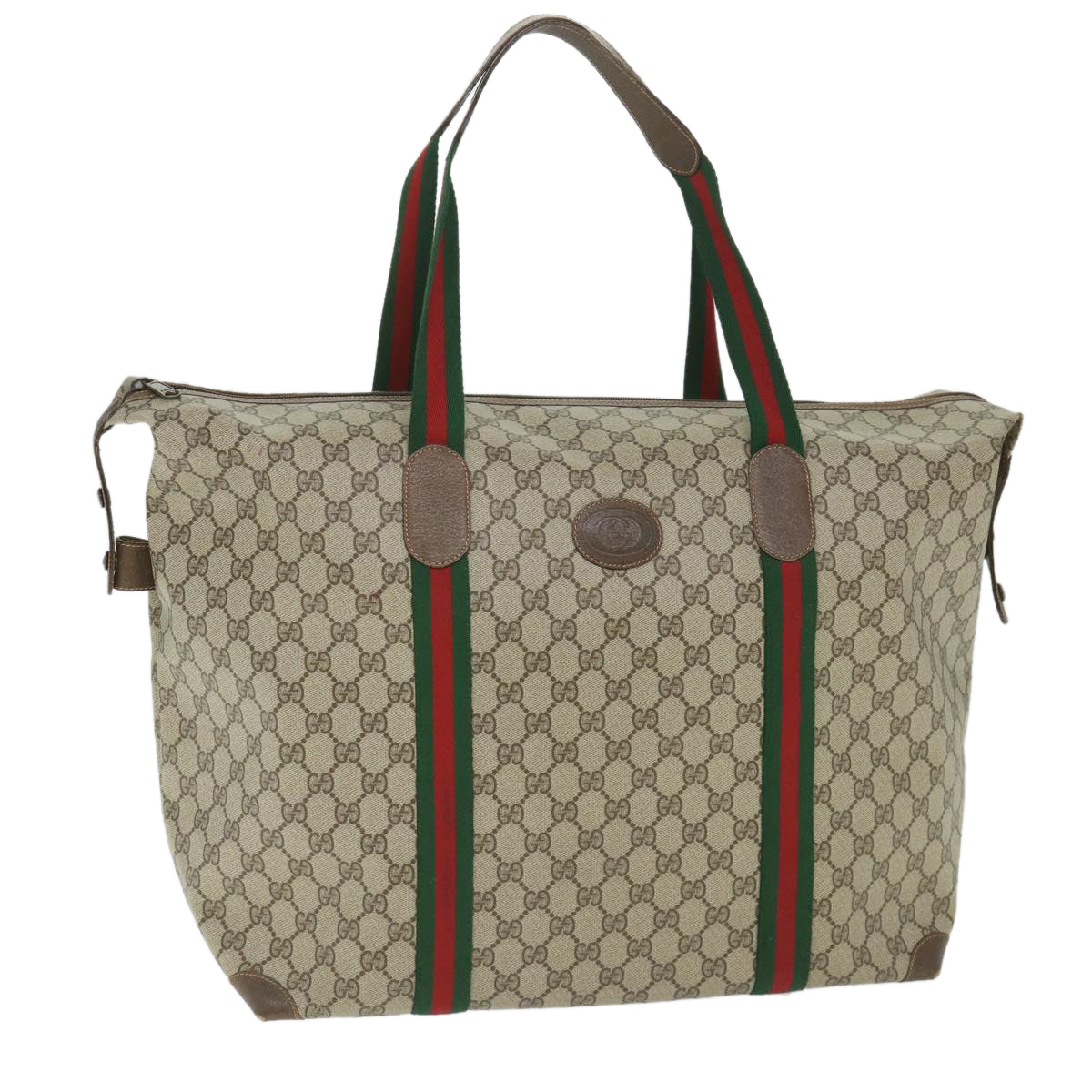 GUCCI GG Canvas Web Sherry Line Boston Bag PVC Leather Beige Green yk9187