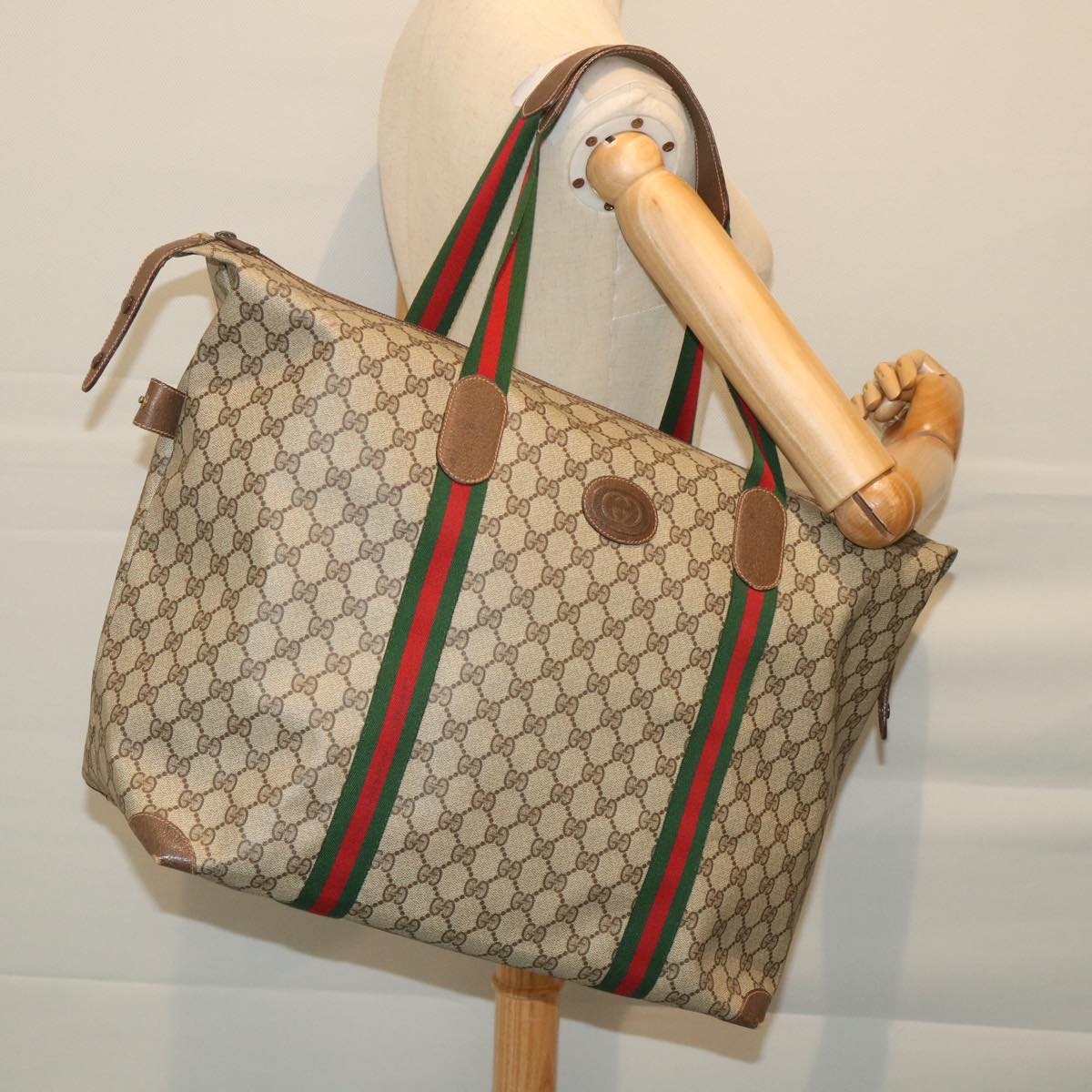 GUCCI GG Canvas Web Sherry Line Boston Bag PVC Leather Beige Green yk9187