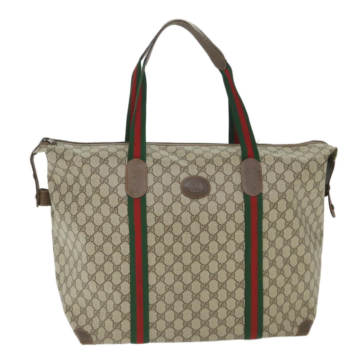 GUCCI GG Canvas Web Sherry Line Boston Bag PVC Leather Beige Green yk9187