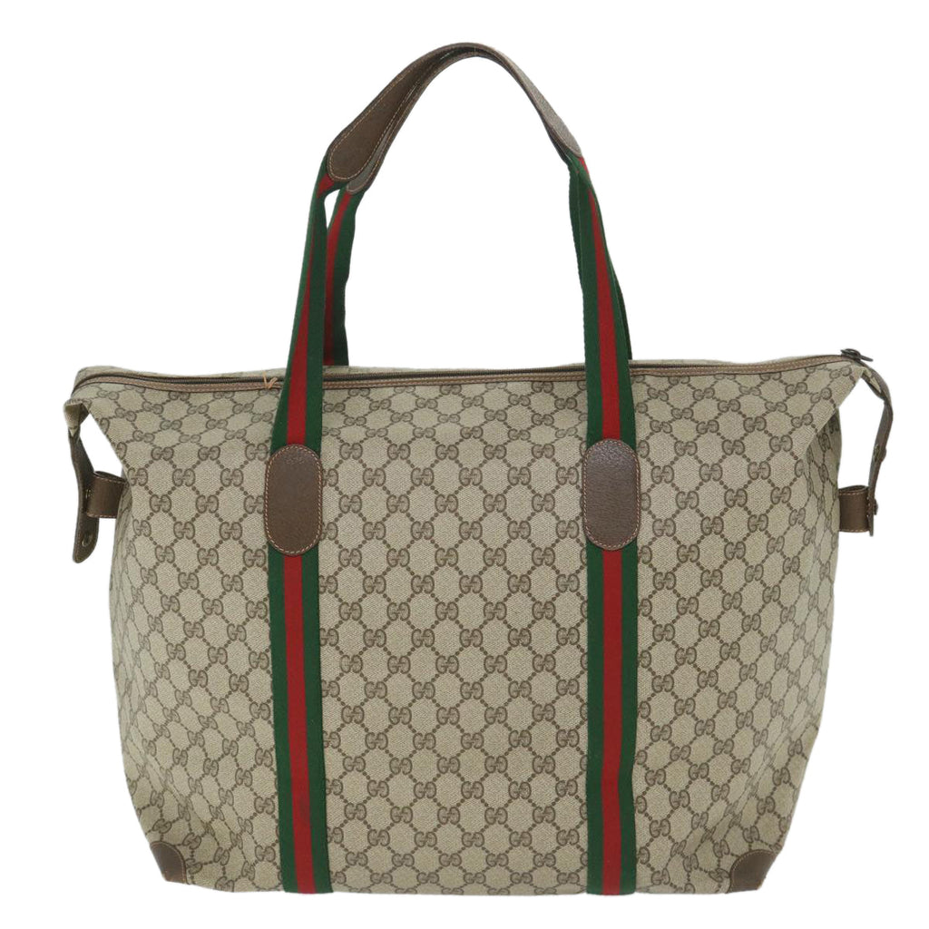 GUCCI GG Canvas Web Sherry Line Boston Bag PVC Leather Beige Green yk9187