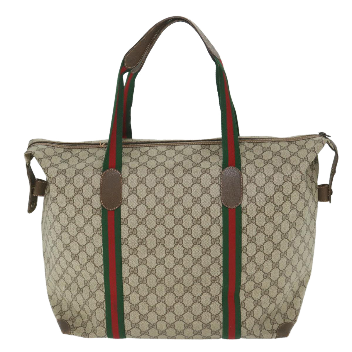 GUCCI GG Canvas Web Sherry Line Boston Bag PVC Leather Beige Green yk9187