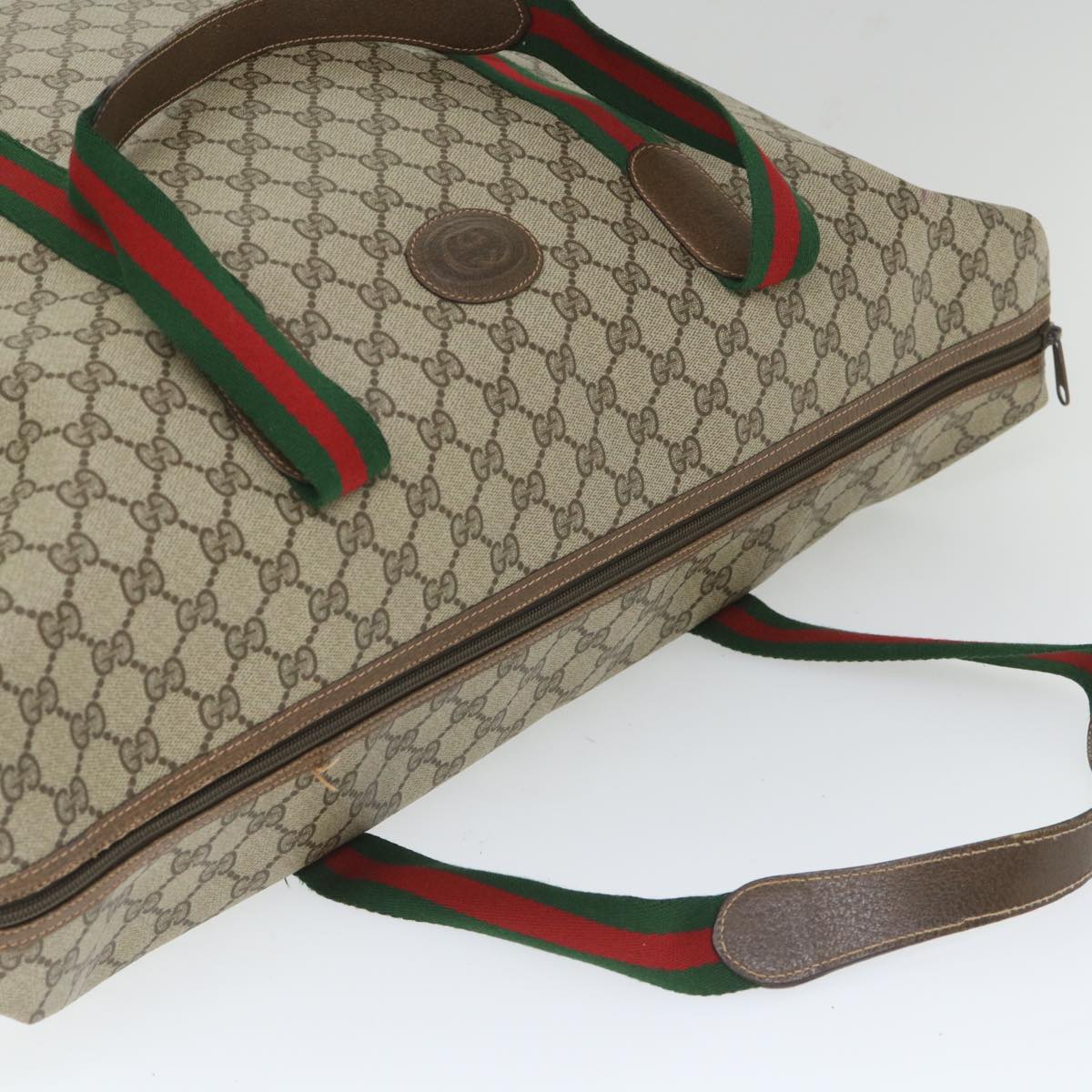 GUCCI GG Canvas Web Sherry Line Boston Bag PVC Leather Beige Green yk9187
