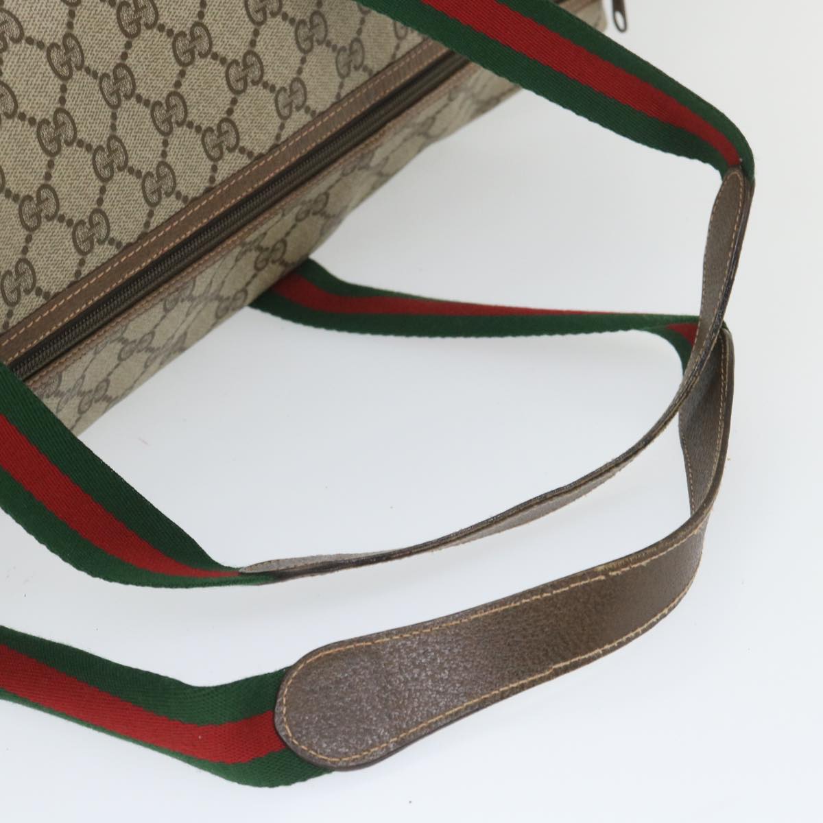 GUCCI GG Canvas Web Sherry Line Boston Bag PVC Leather Beige Green yk9187