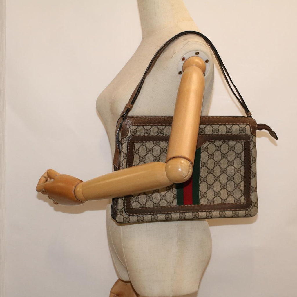 GUCCI GG Canvas Web Sherry Line Shoulder Bag PVC Leather Beige Green yk9207