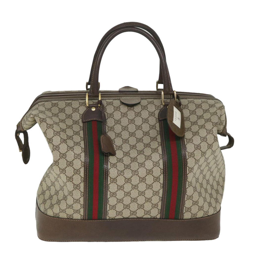 GUCCI GG Canvas Web Sherry Line Boston Bag PVC Leather Beige Green yk9209