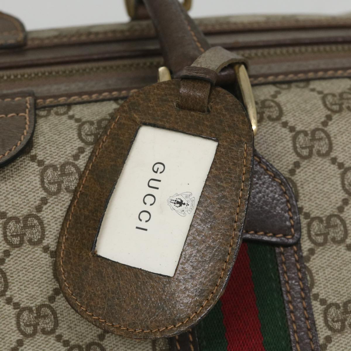 GUCCI GG Canvas Web Sherry Line Boston Bag PVC Leather Beige Green yk9209