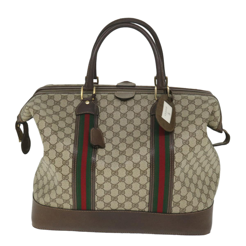 GUCCI GG Canvas Web Sherry Line Boston Bag PVC Leather Beige Green yk9209