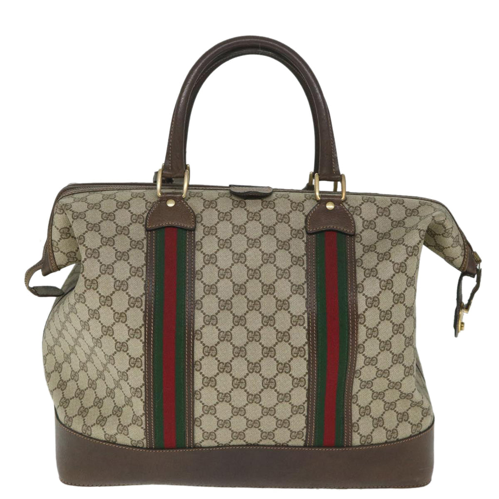 GUCCI GG Canvas Web Sherry Line Boston Bag PVC Leather Beige Green yk9209