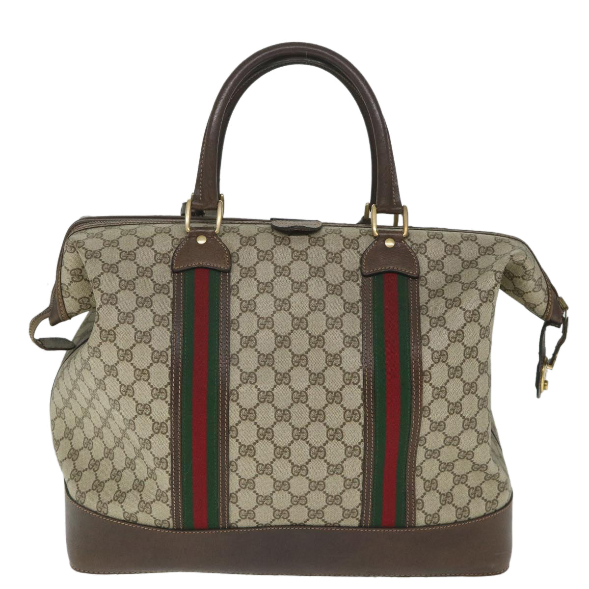 GUCCI GG Canvas Web Sherry Line Boston Bag PVC Leather Beige Green yk9209