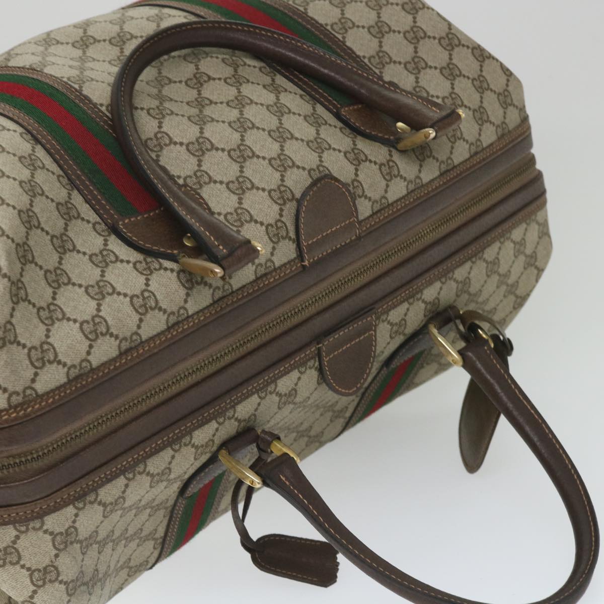 GUCCI GG Canvas Web Sherry Line Boston Bag PVC Leather Beige Green yk9209