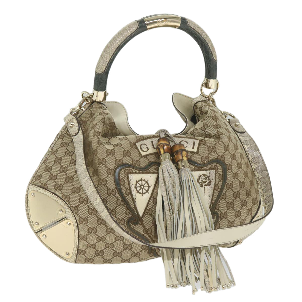 GUCCI GG Canvas Bamboo Indy Shoulder Bag 2way Beige 177088 yk9244