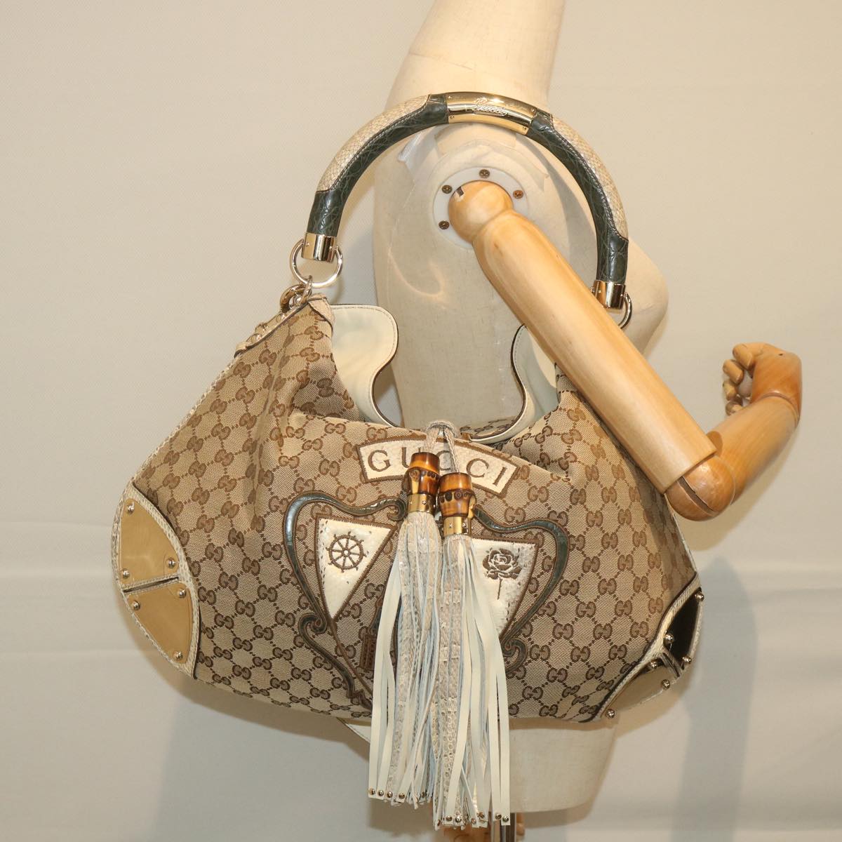 GUCCI GG Canvas Bamboo Indy Shoulder Bag 2way Beige 177088 yk9244