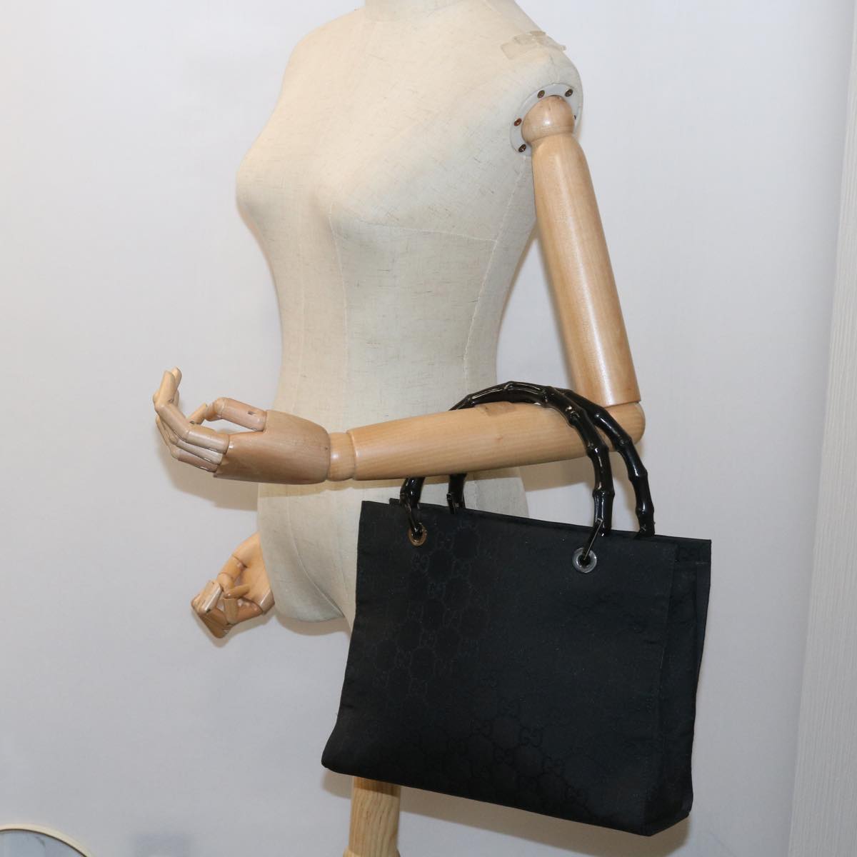 GUCCI GG Canvas Bamboo Hand Bag Black 002 1016 yk9356