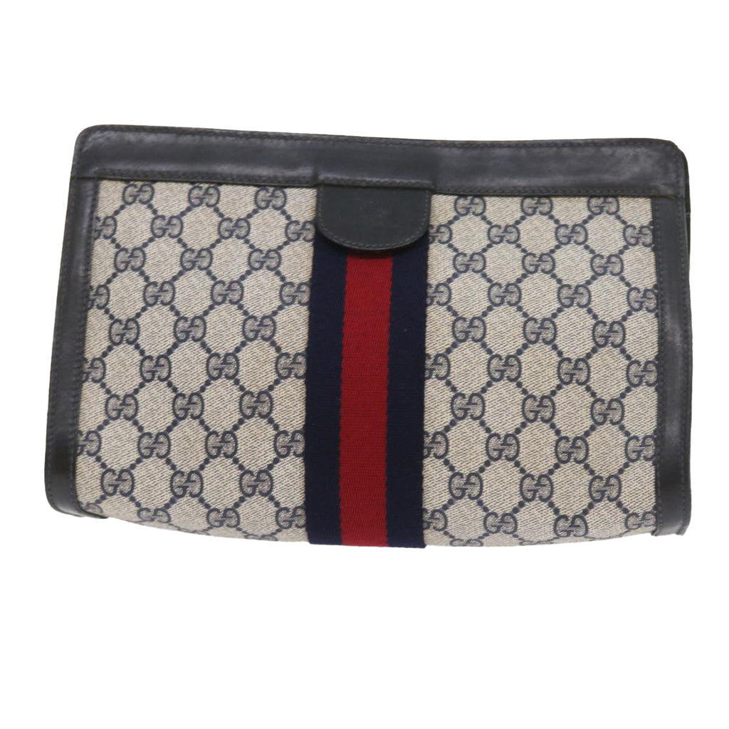 GUCCI GG Supreme Sherry Line Clutch Bag Navy Red gray 67.014.2125 yk9434