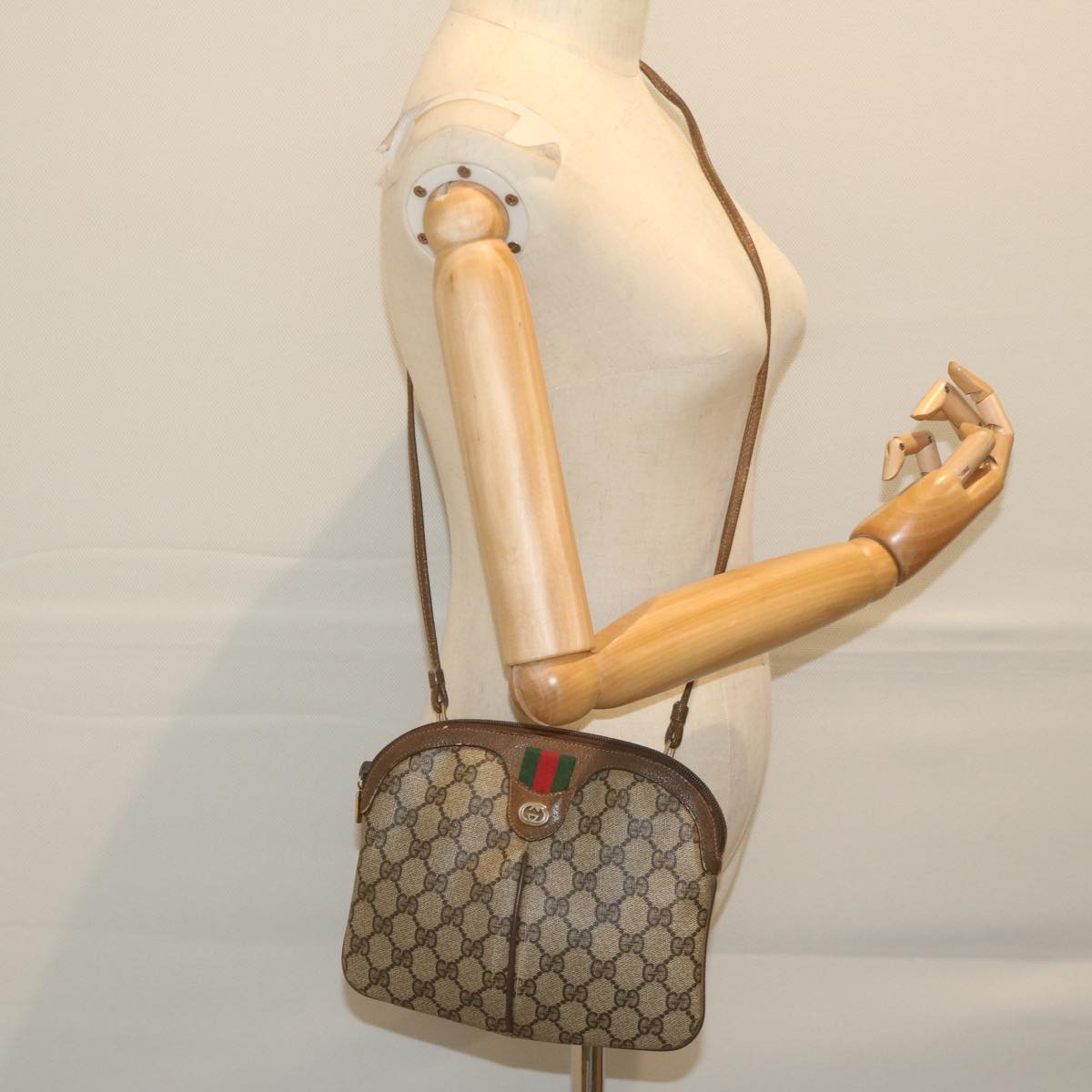 GUCCI GG Supreme Web Sherry Line Shoulder Bag PVC Leather Beige Red yk9505