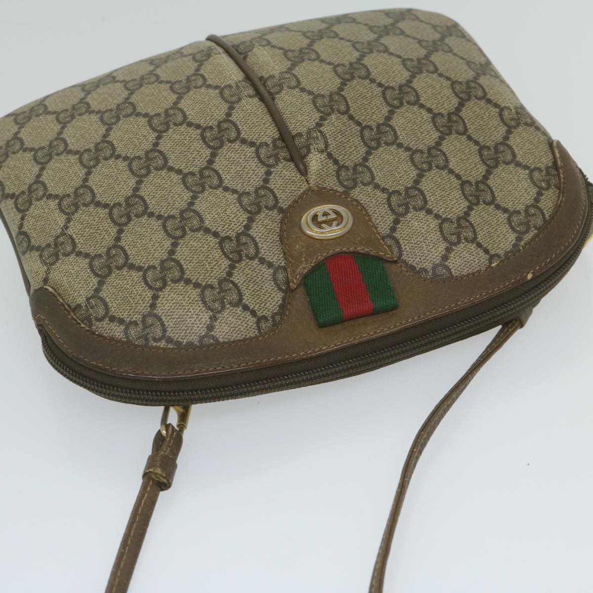 GUCCI GG Supreme Web Sherry Line Shoulder Bag PVC Leather Beige Red yk9505