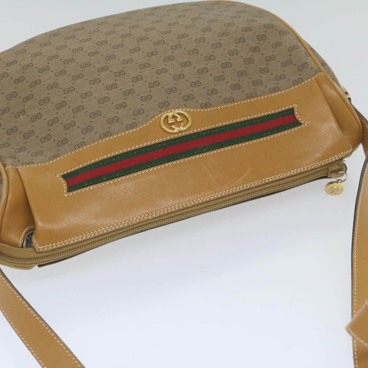GUCCI Micro GG Canvas Web Sherry Line Shoulder Bag PVC Beige Green yk9514