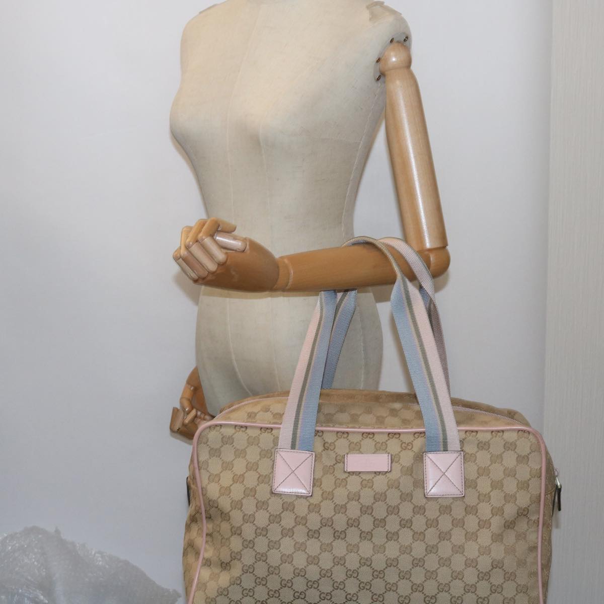 GUCCI GG Canvas Sherry Line Boston Bag Beige Light Blue Pink 153240 yk9531
