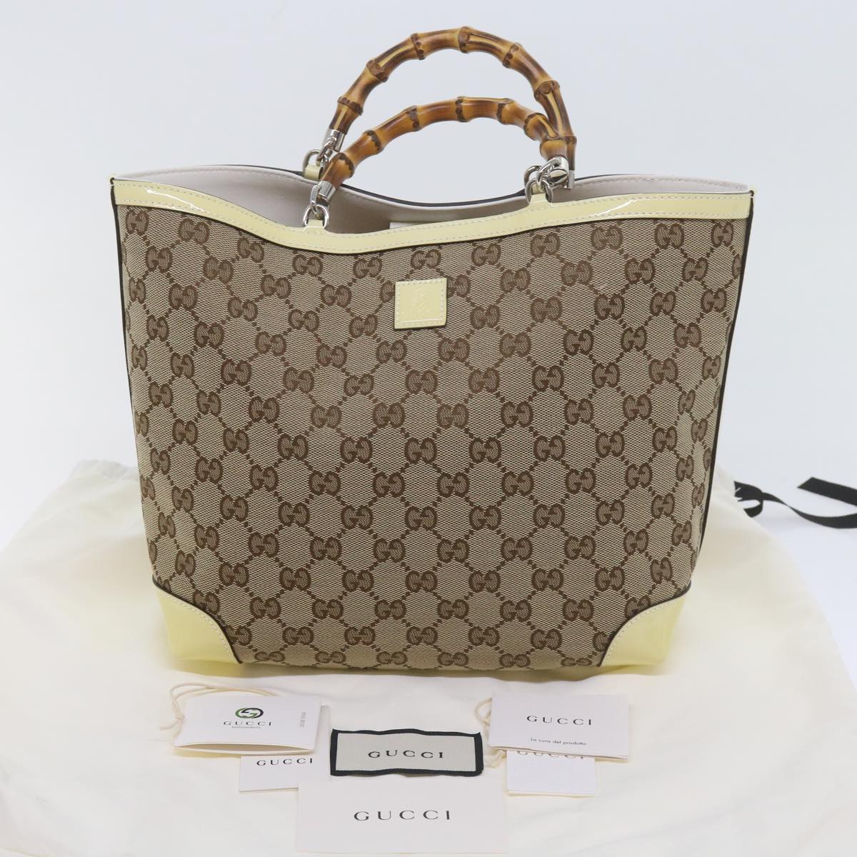 GUCCI GG Canvas Bamboo Hand Bag Beige 311175 yk9538