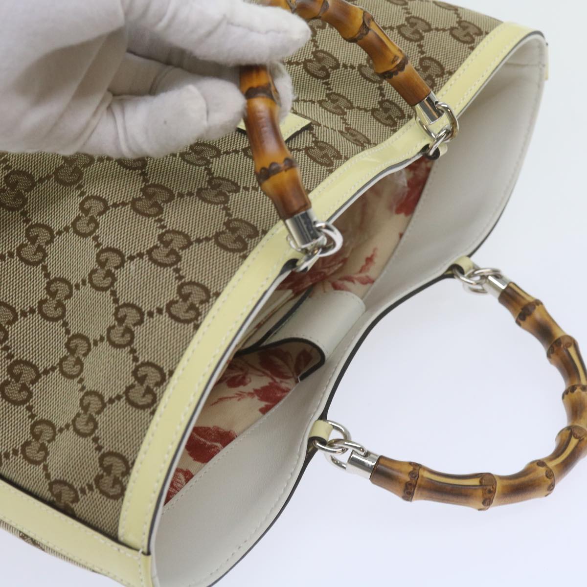 GUCCI GG Canvas Bamboo Hand Bag Beige 311175 yk9538