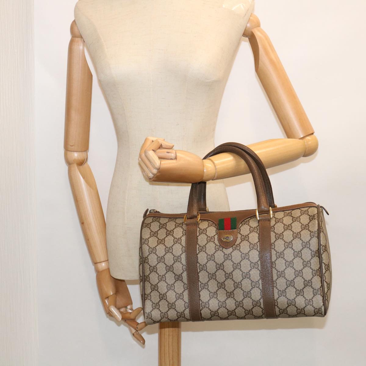 GUCCI GG Supreme Web Sherry Line Boston Bag Beige Red 98 02 007 yk9594