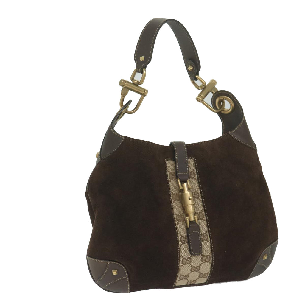GUCCI GG Canvas Jackie Shoulder Bag Suede Beige Brown 120888 yk9600
