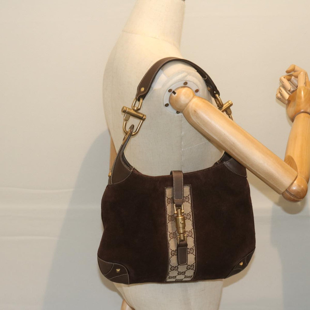GUCCI GG Canvas Jackie Shoulder Bag Suede Beige Brown 120888 yk9600