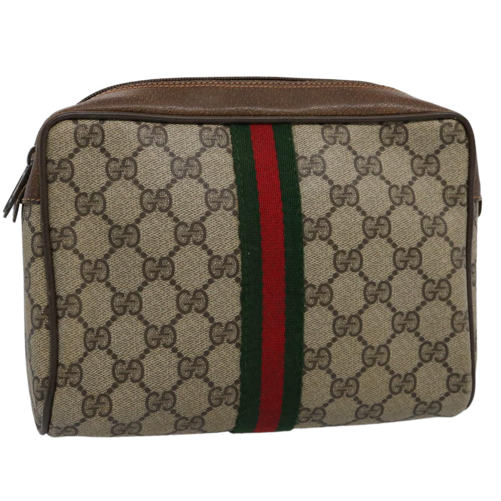 GUCCI GG Supreme Web Sherry Line Clutch Bag PVC Leather Beige Red yk9652