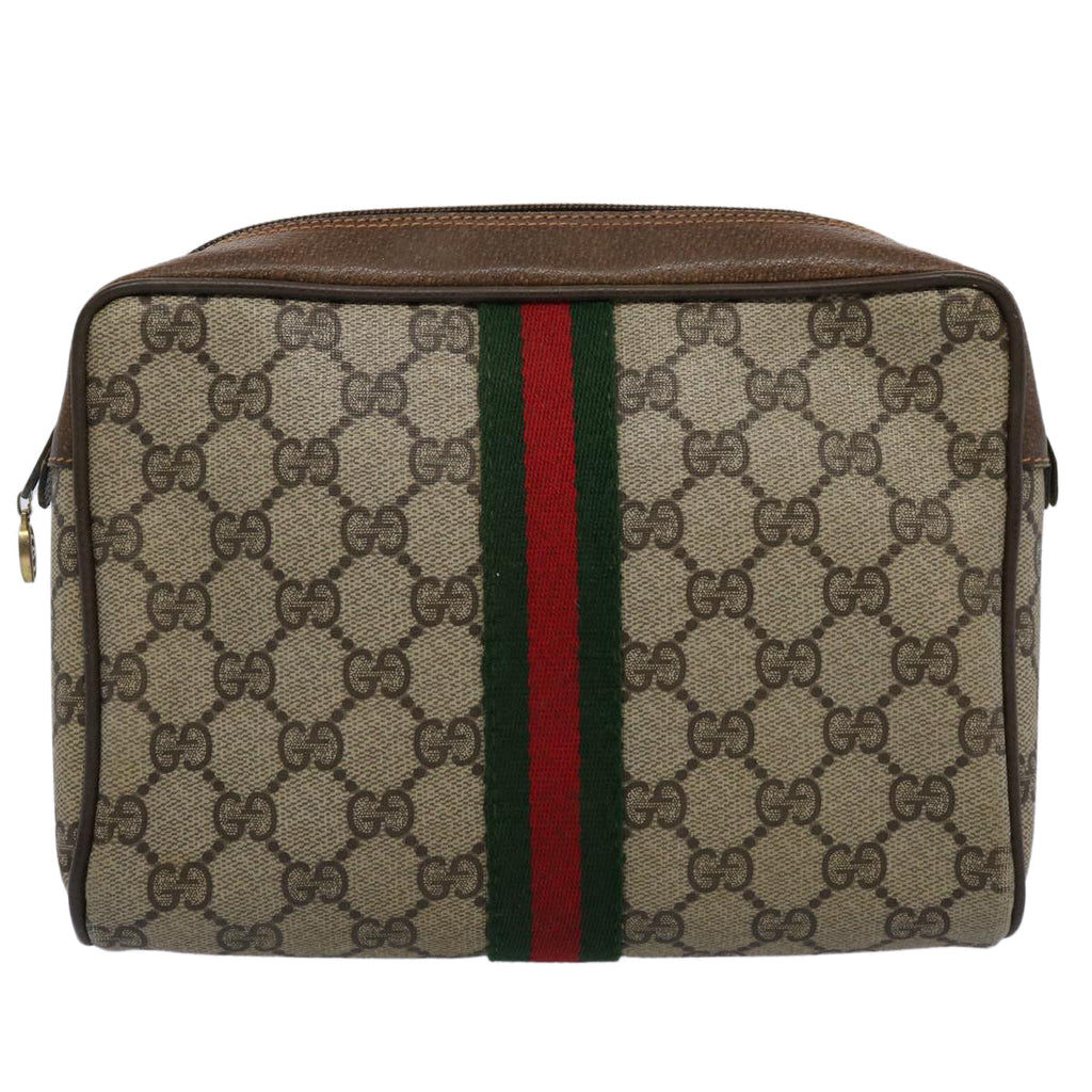 GUCCI GG Supreme Web Sherry Line Clutch Bag PVC Leather Beige Red yk9652