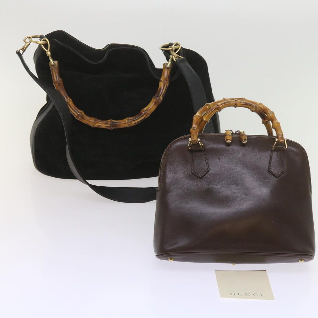 GUCCI Bamboo Shoulder Bag Leather Suede 2Set Black Brown yk9747