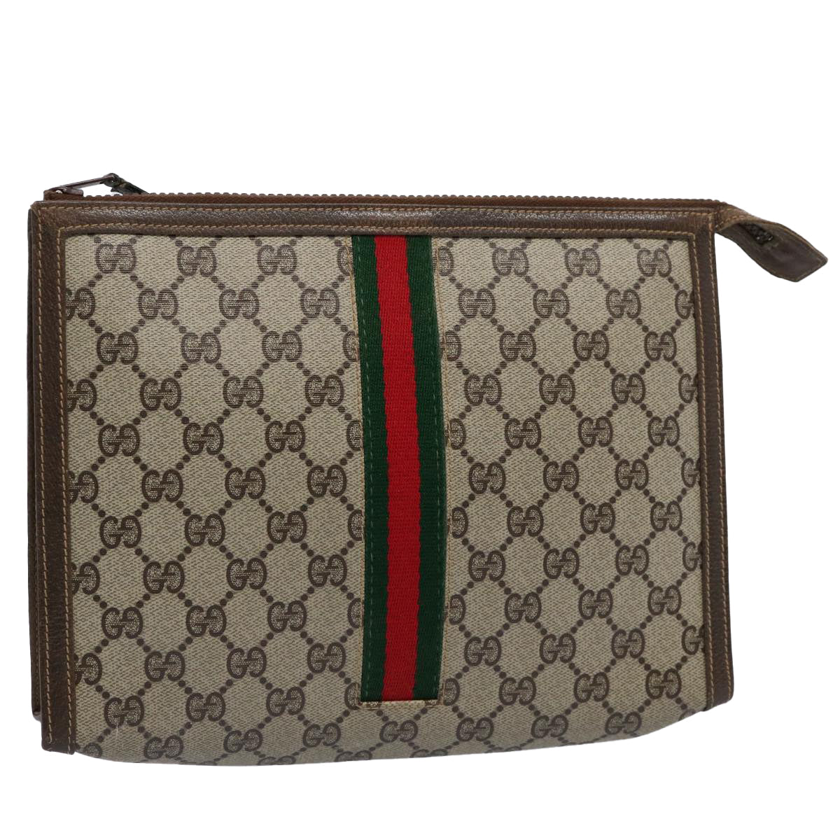 GUCCI GG Supreme Web Sherry Line Clutch Bag PVC Leather Beige Red yk9761