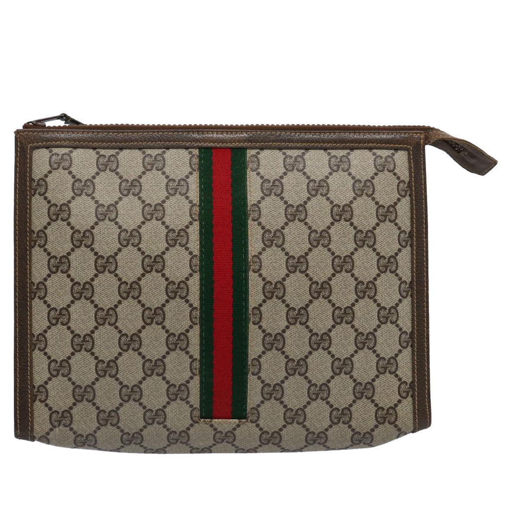 GUCCI GG Supreme Web Sherry Line Clutch Bag PVC Leather Beige Red yk9761
