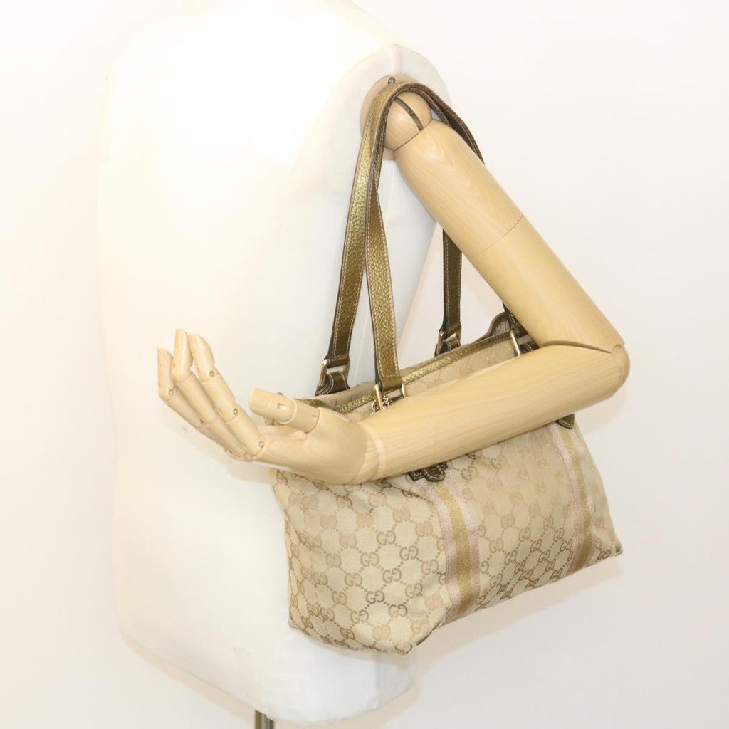 GUCCI Web Sherry Line GG Canvas Tote Bag Beige Pink gold yt703