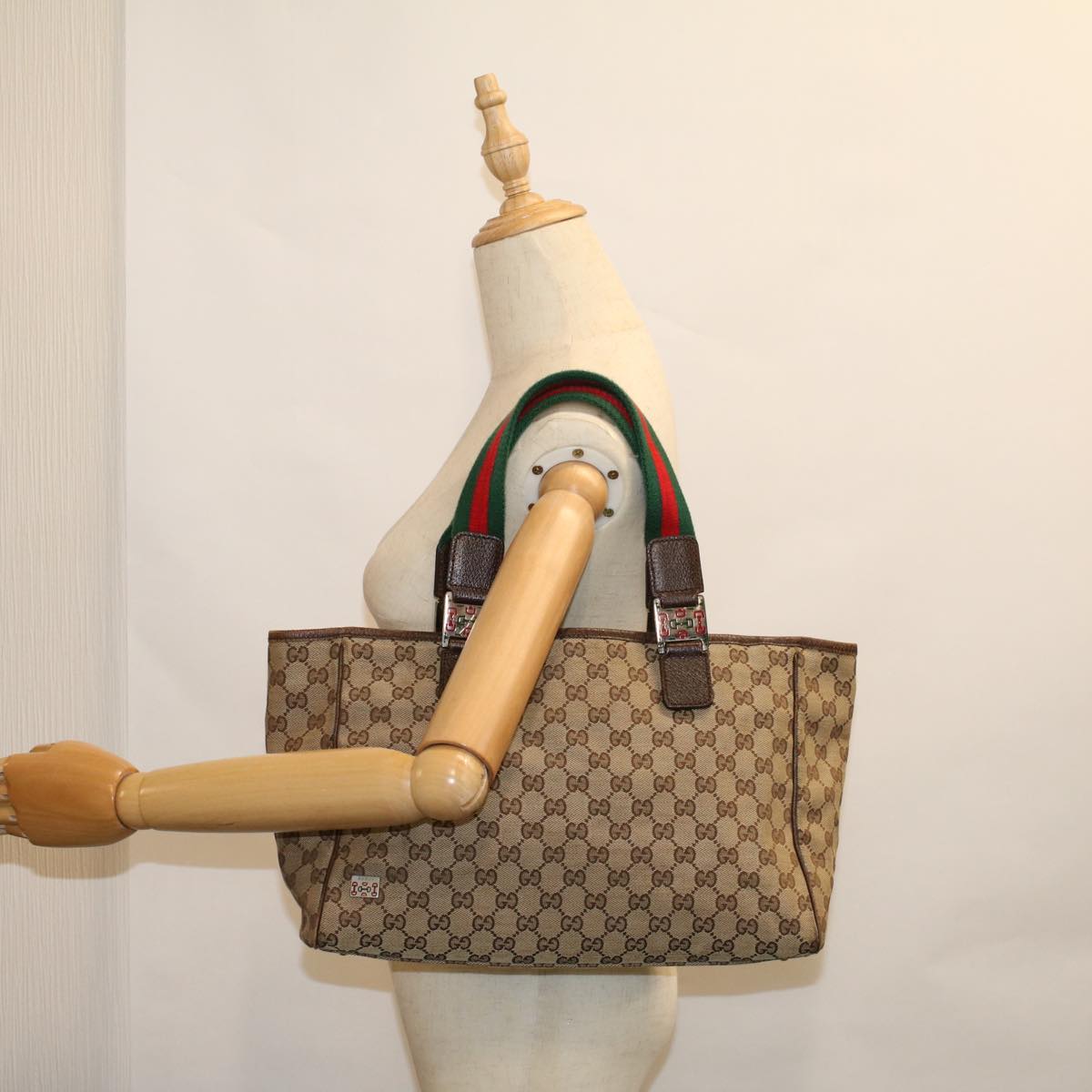 GUCCI GG Canvas Web Sherry Line Tote Bag Beige Red Green 145758 yt984