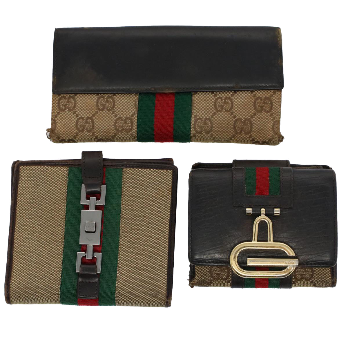GUCCI GG Canvas Jackie Web Sherry Line Wallet 3Set Beige Red Green yt988